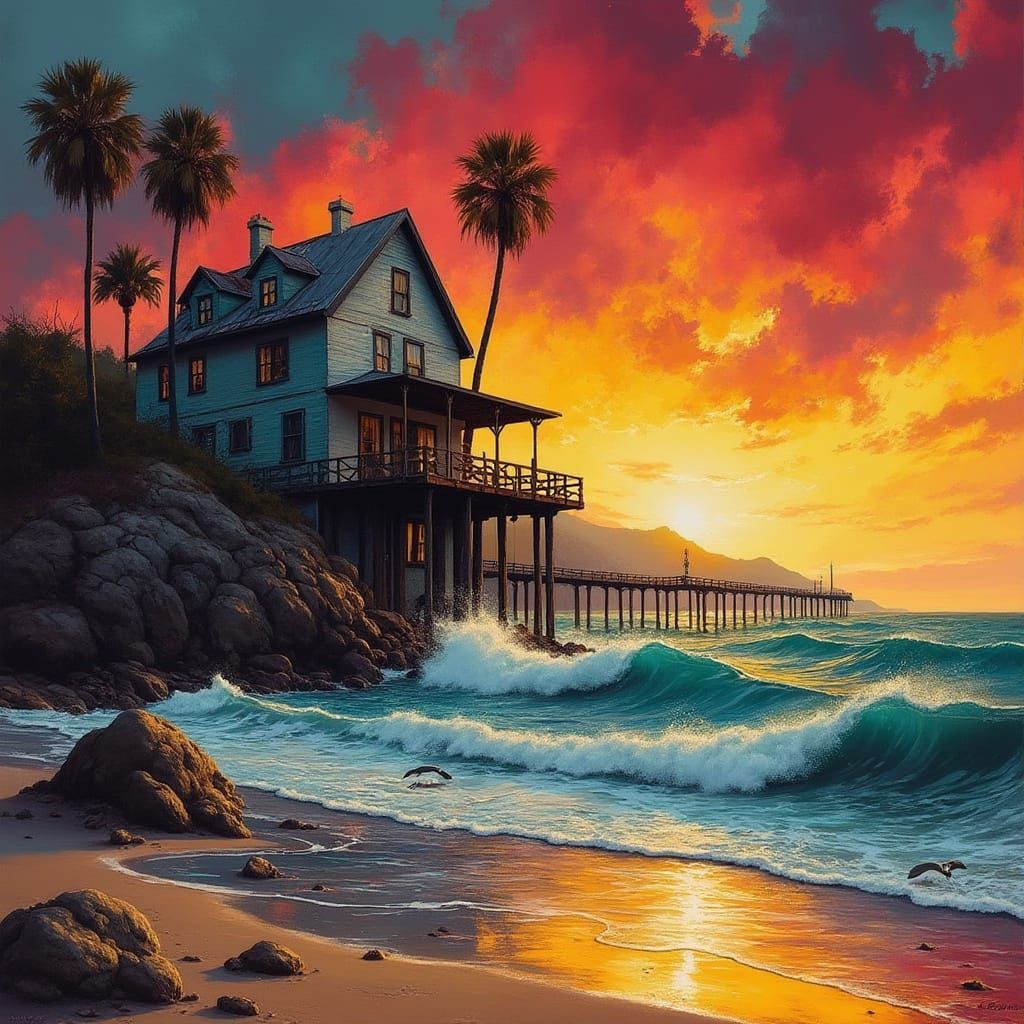 Dilapidated Beach House on Stilts Amidst Stormy Night