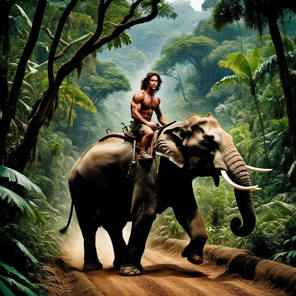 Tarzan, riding on the elephant Tantor, carving a path throug...