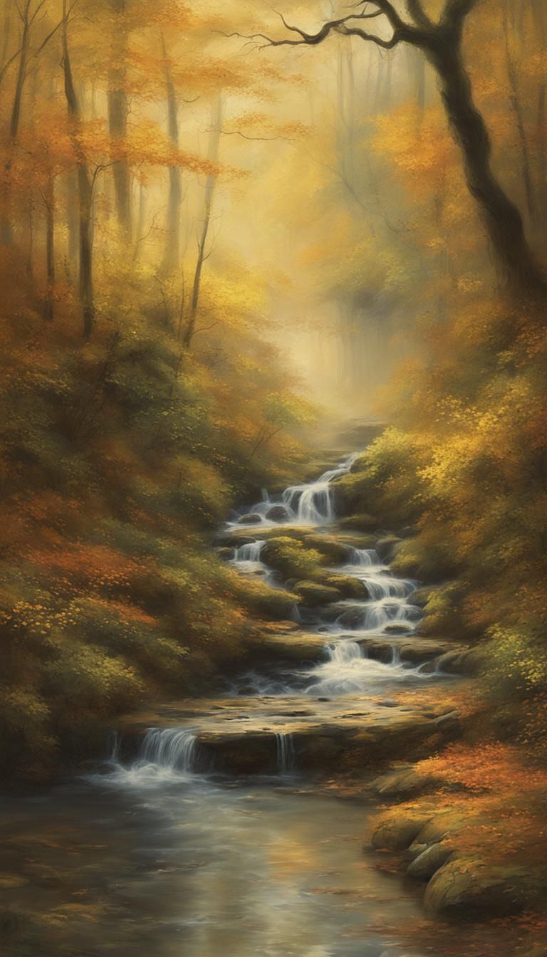 Autumn Forest Path With Waterfall in Impressionistic Style