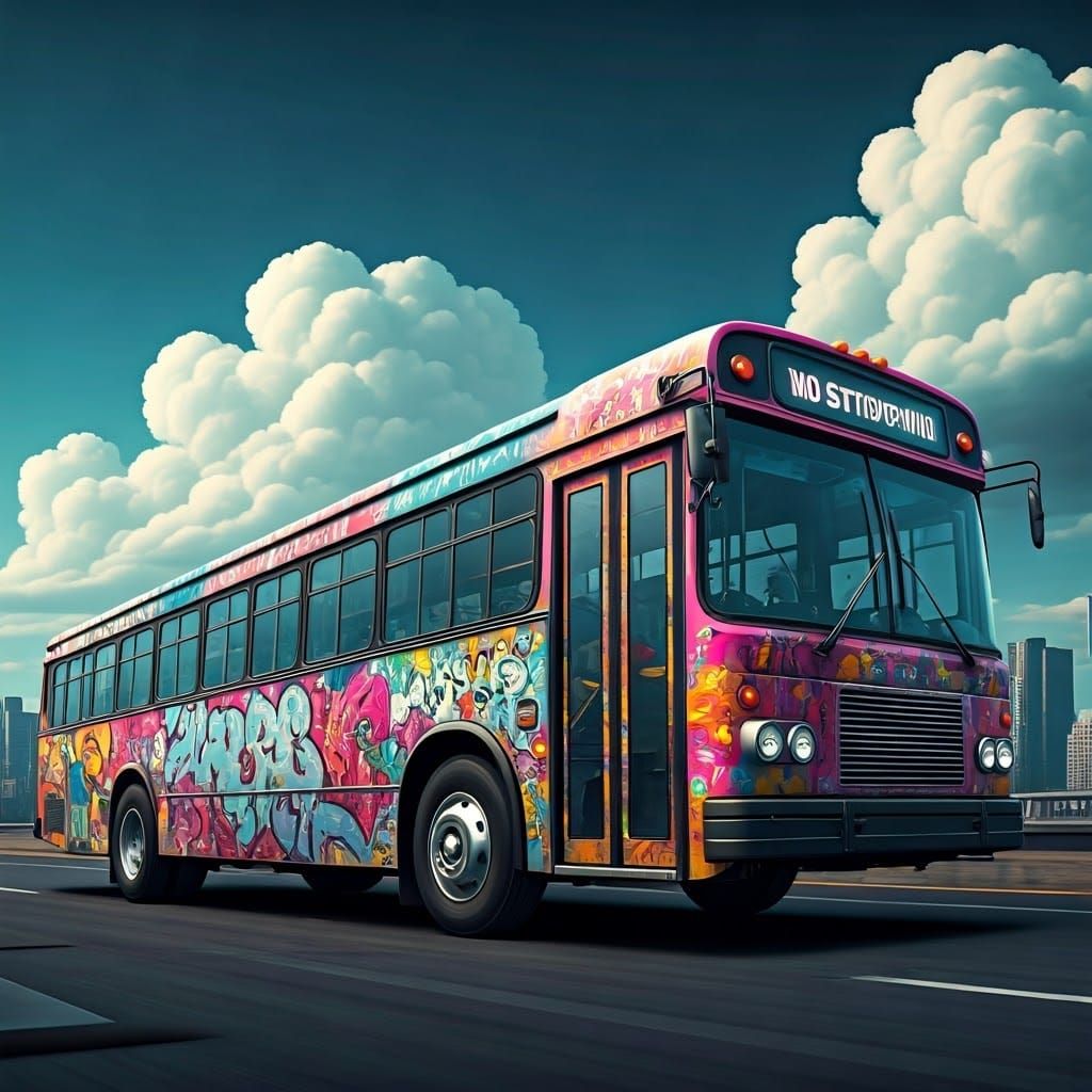 Vibrant Urban Bus in Futuristic Graffiti Style