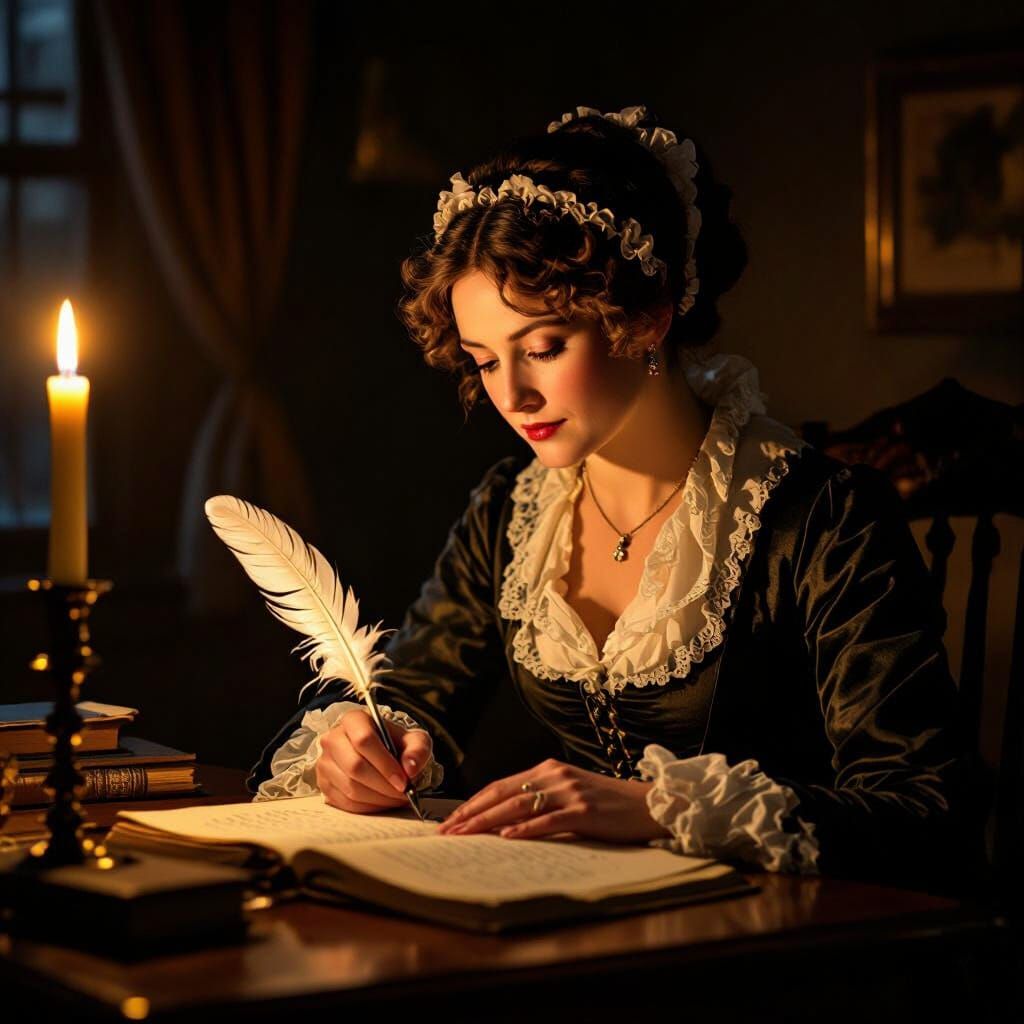 Jane Austen Writing by Candlelight in Regency Era
