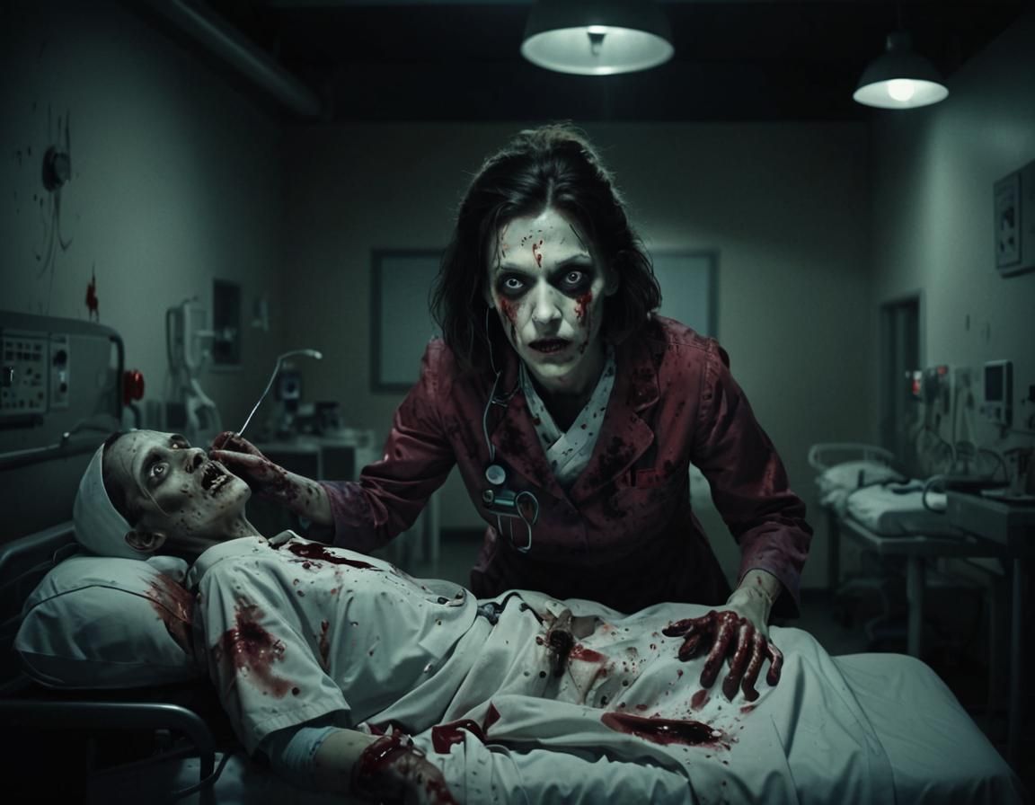 Eerie Hospital Horror Scene with Zombie Nurse