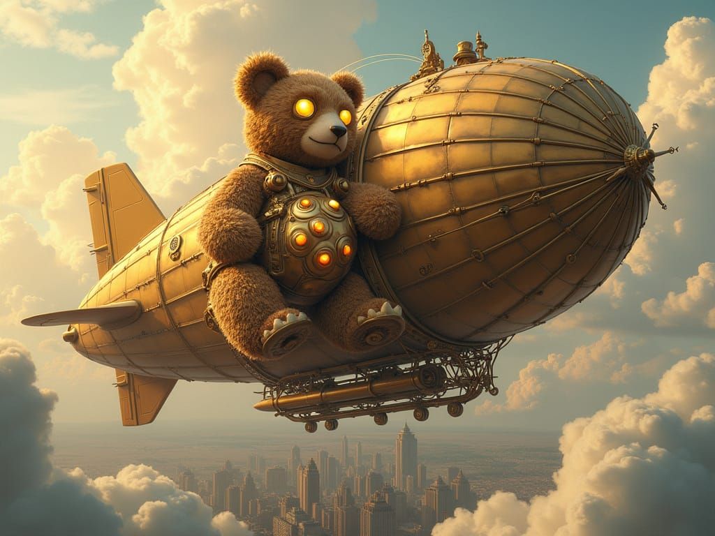 Steampunk Teddy Bear Airship Over Victorian City