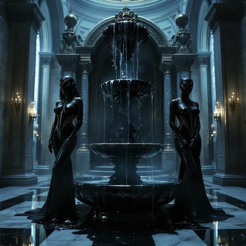 Dark Leather Fountain in Throne Room, Photorealistic Style