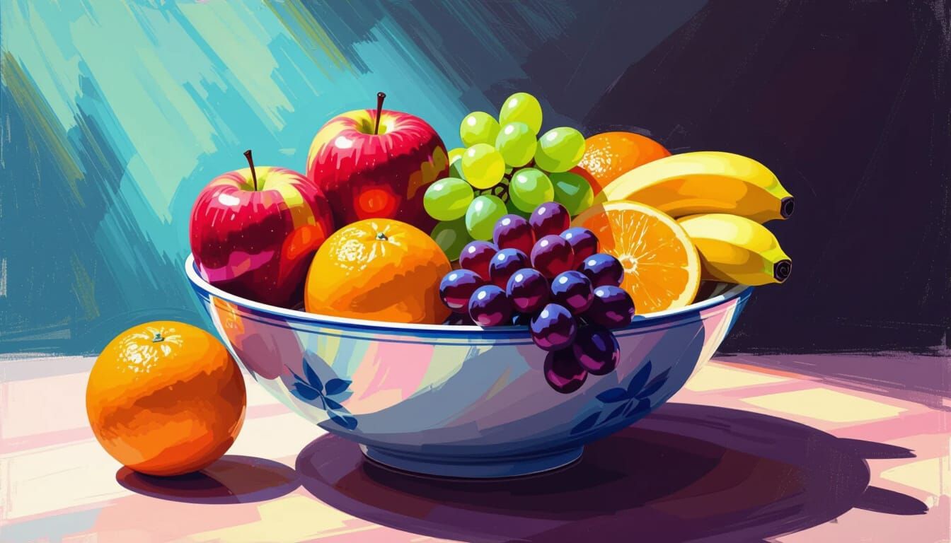 Vibrant Fruit Bowl in Dynamic Marker Rendering Style