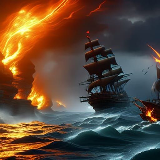 Pirate Ships Battle in a Dark Fantasy Storm