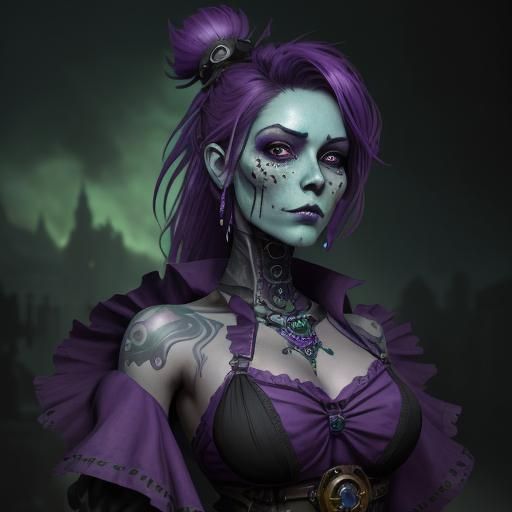 Steampunk Calavera Woman with Green Skin, Fantasy Art