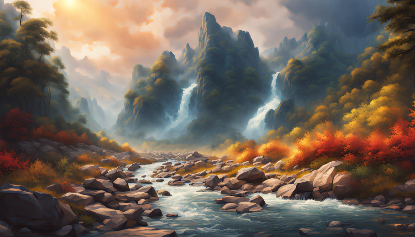 Person on Mountain River in Hyperrealistic Splash Art