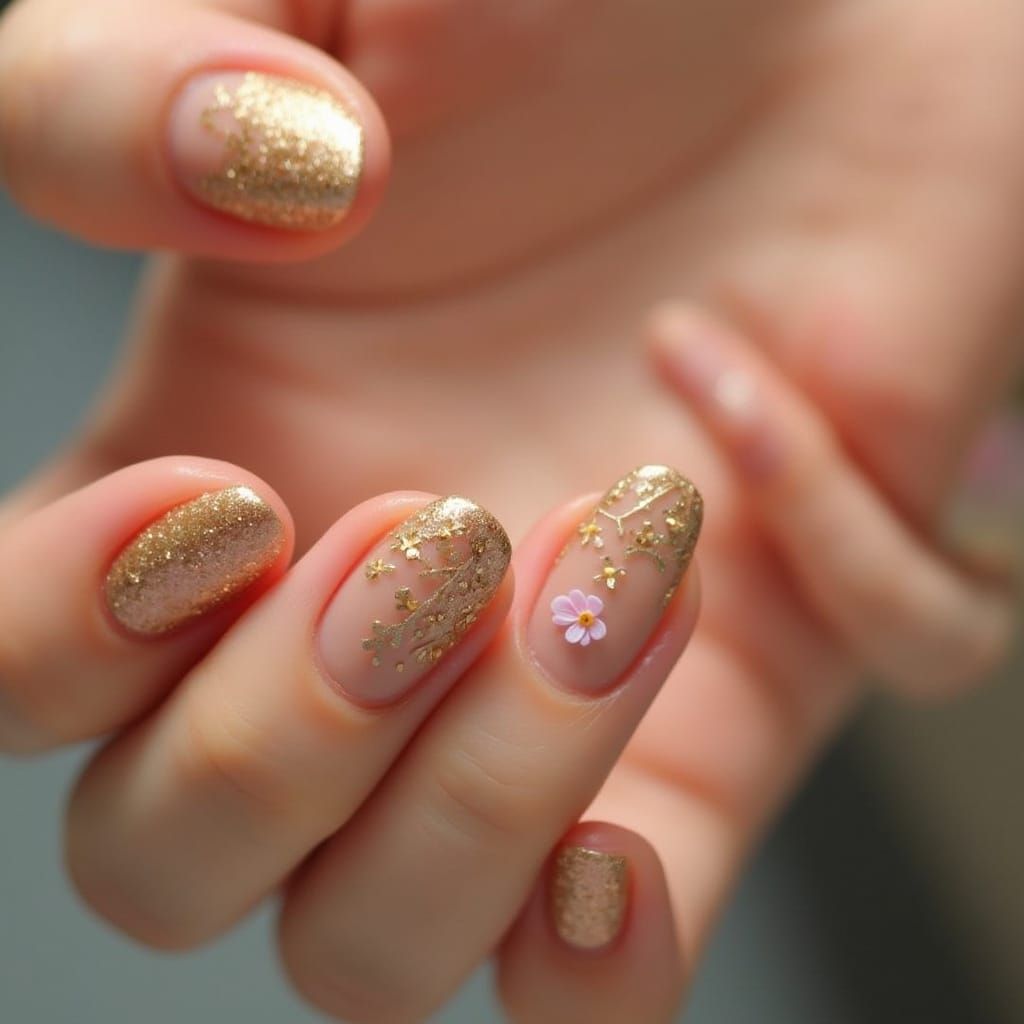 Glamorous Hands in Delicate Style with Gold and Peach Nails