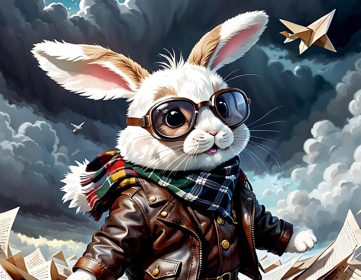 Adorable Bunny Pilot Soaring in Paper Plane