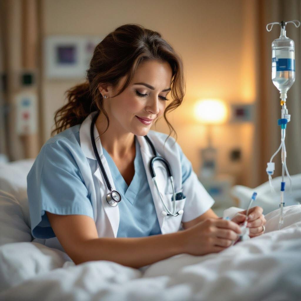 Compassionate Doctor Checks IV in Softly Lit Hospital Room