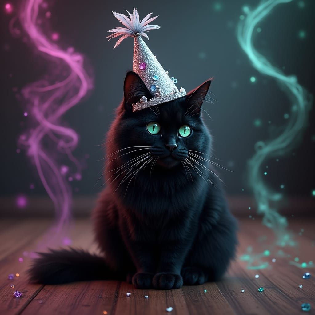 Majestic Black Cat in Whimsical Party Hat Scene