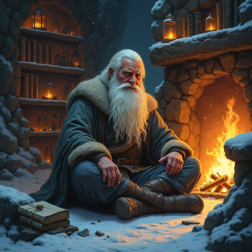 Cozy Mountain Hermit in Snowy Cave, Illuminated by Warm Fire...