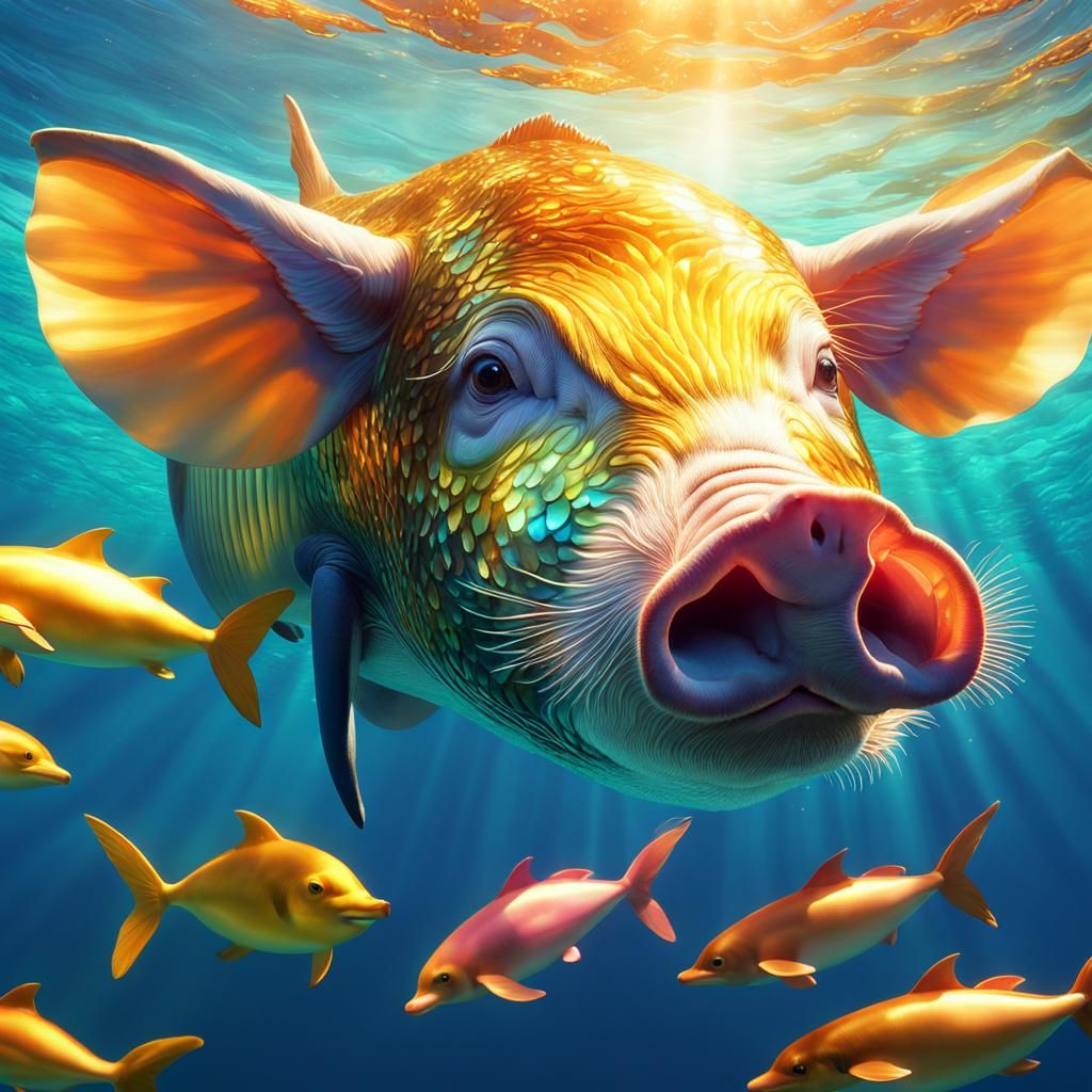 Pig-Dolphin Hybrid Floats in Crystalline Ocean: Digital Art