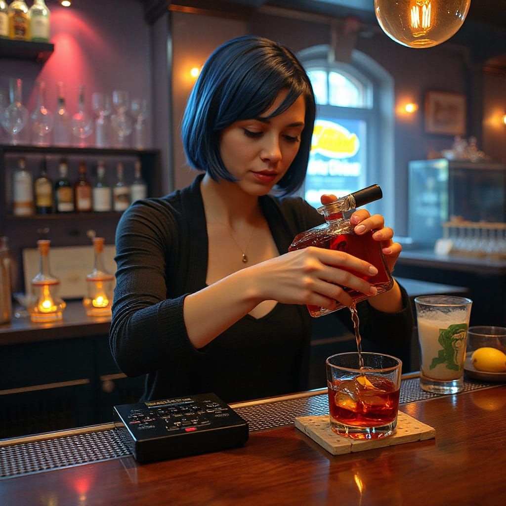 Bartender Smirks as She Serves Bourbon in a Cyberpunk Club