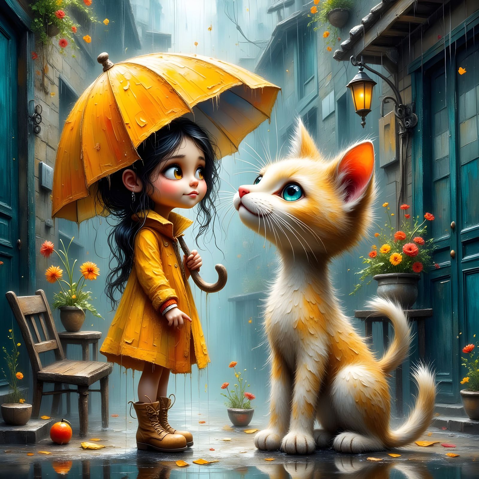 Kind Girl Shelters Kitten in Stormy Alleyway