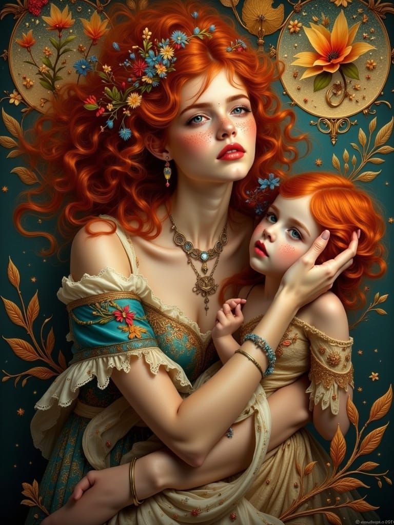 Mother and Child Portrait in Art Nouveau Style