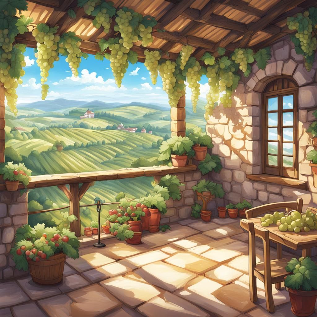 Italian Patio Overlooking Countryside in Anime Style