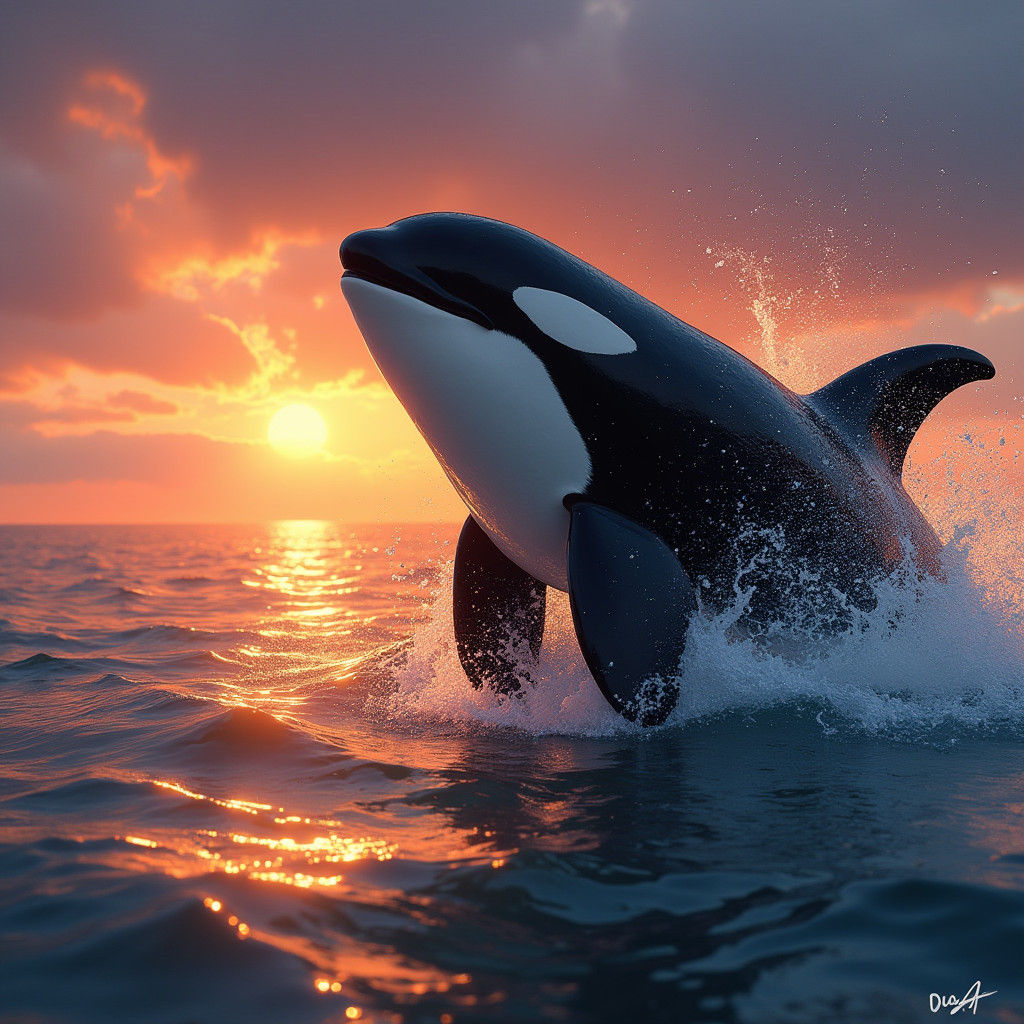 Orca Watches Sunset: Hyperrealistic Splash Art