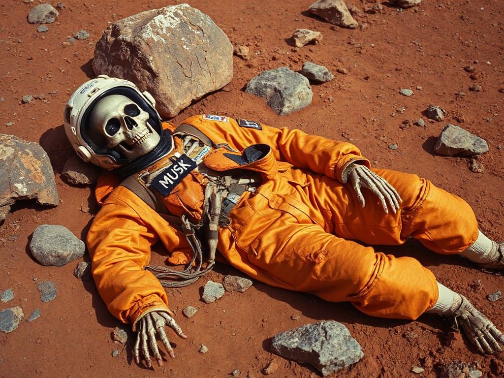 Prone Skeleton in Tattered Orange Space Suit on Barren Red P...