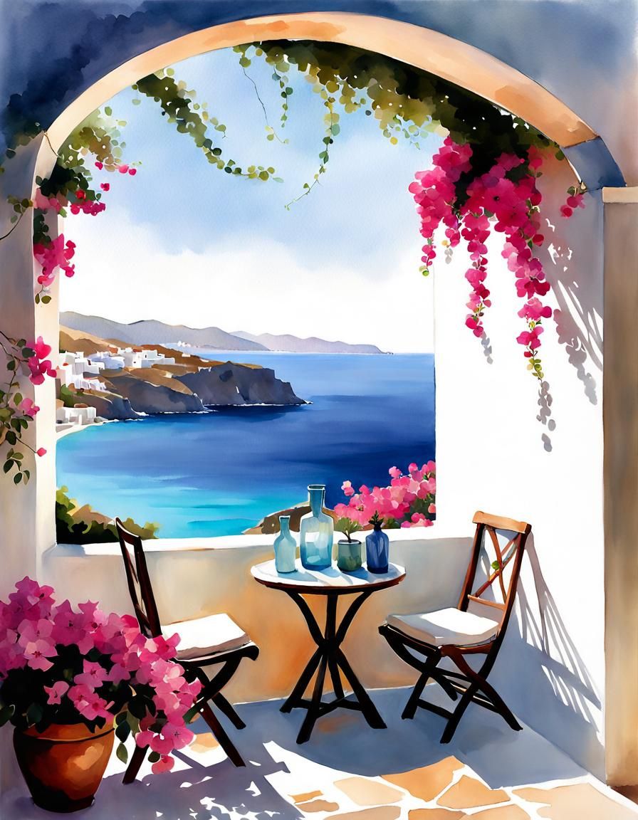 Greek Island in a Bottle: Watercolor Illustration