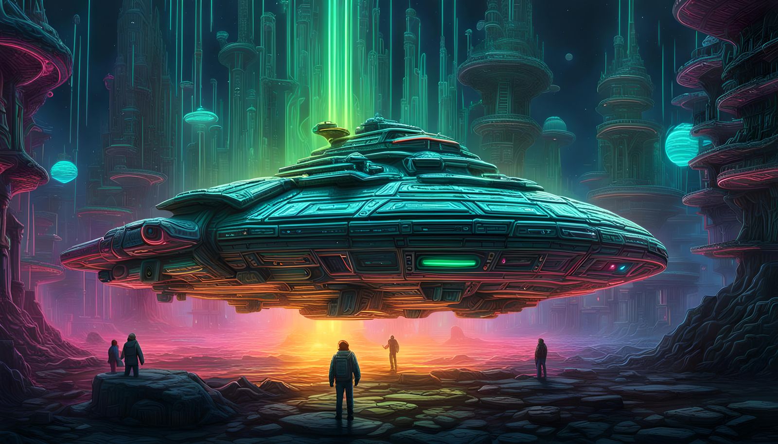 Iridescent Spaceship with Bioluminescent Neon Glow