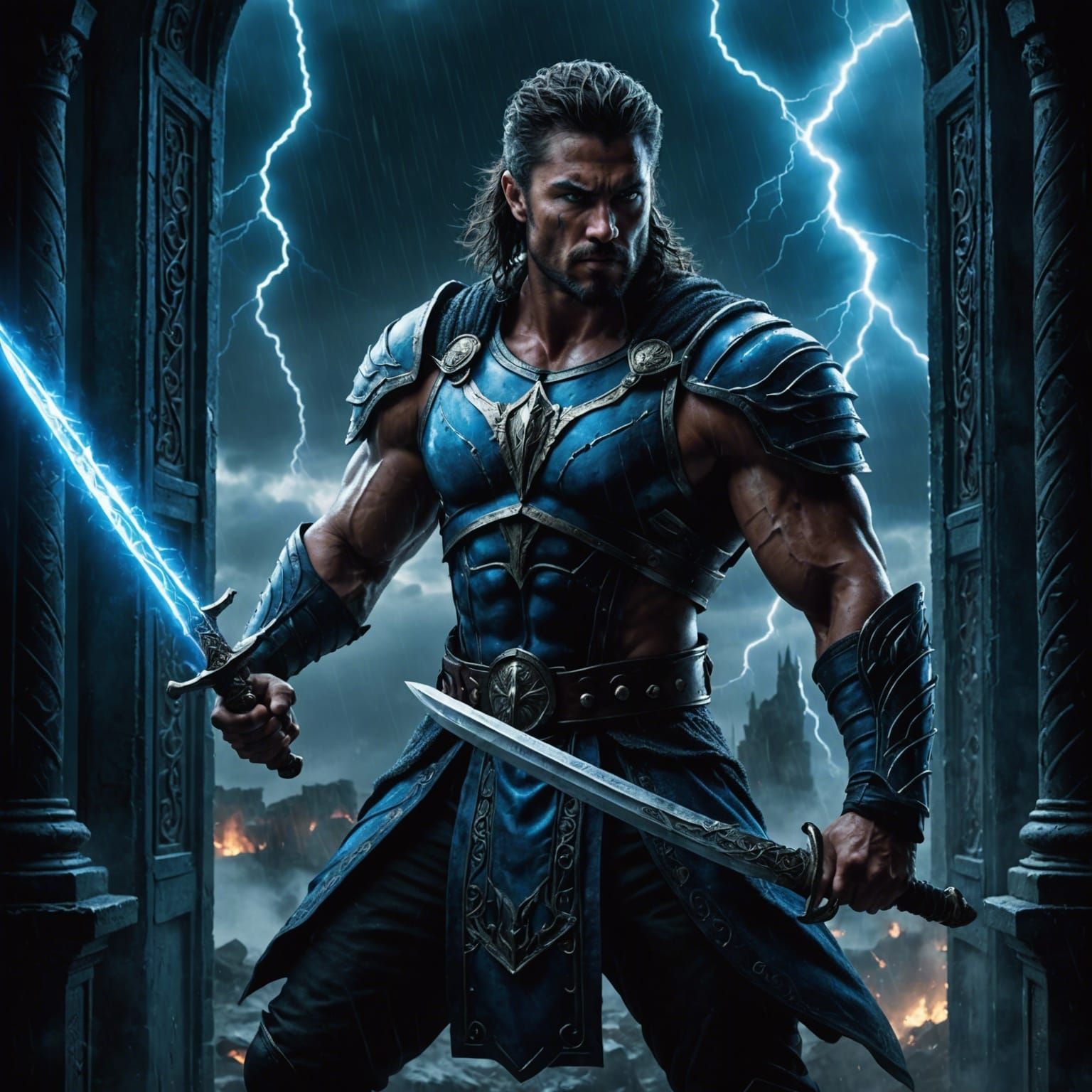 Dramatic Warrior Gazing at Lightning Storm, Digital Matte Pa...