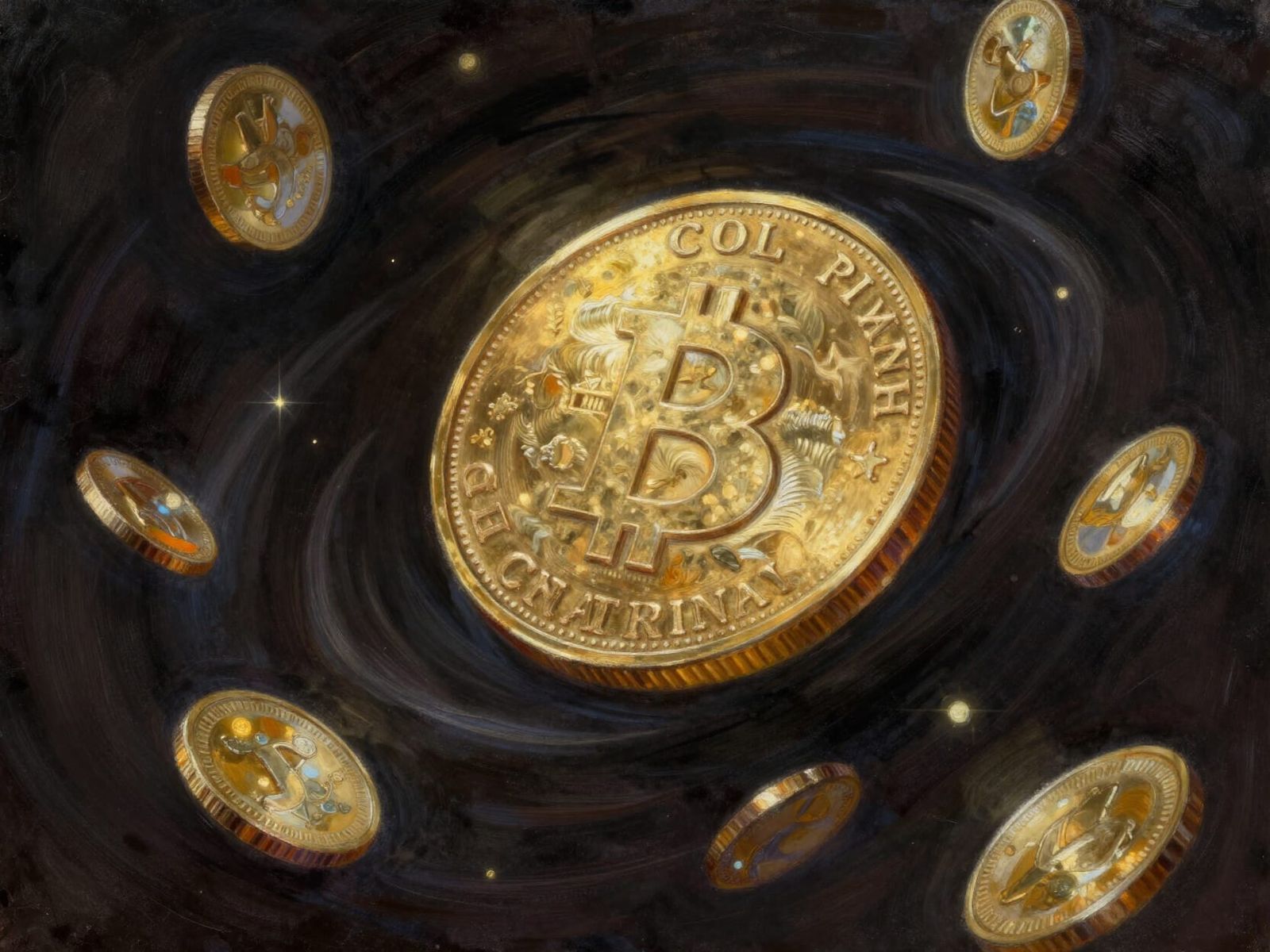 Gold Coins Orbiting in Dramatic Oil Painting Style