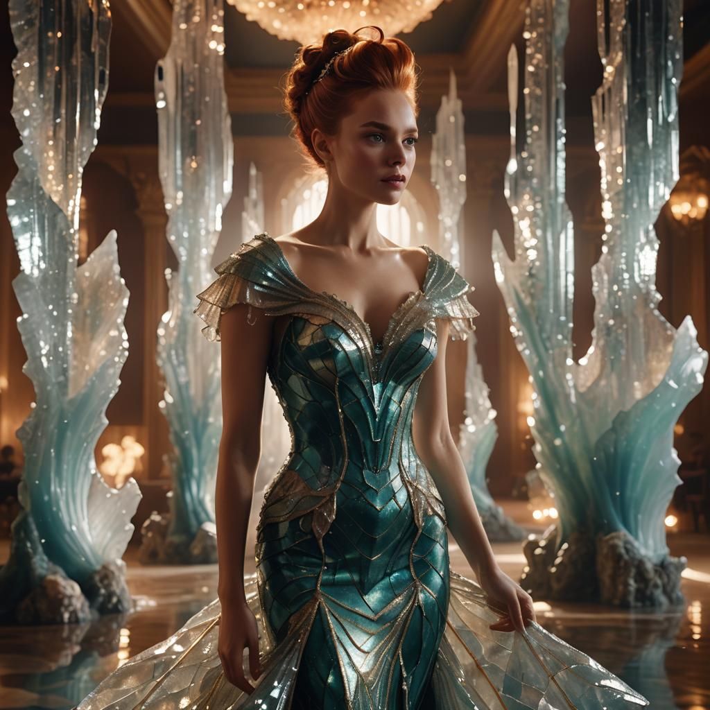 Crystal Mermaid Dress in Ballroom, Digital Art
