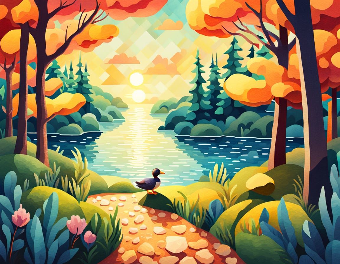 Surreal Forest and Ocean Landscape in Aquarelle Style