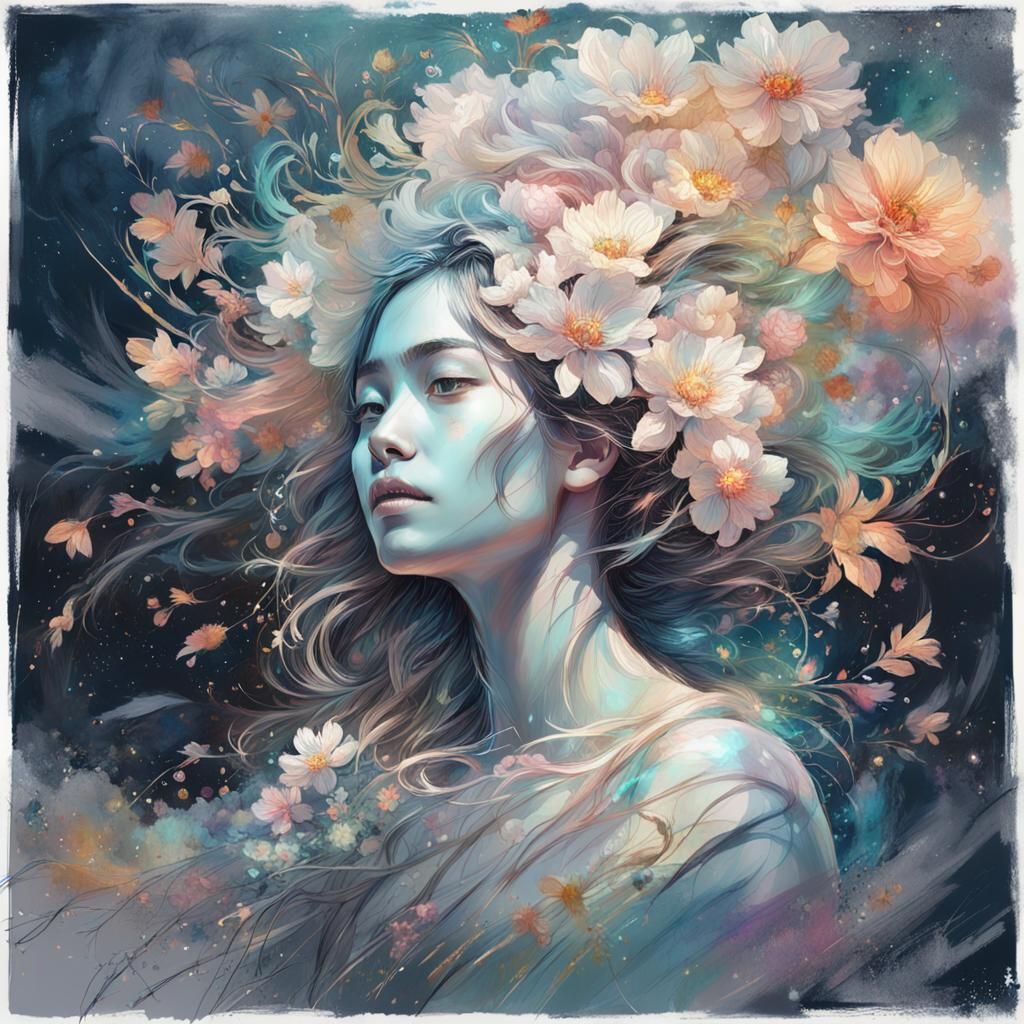 Beautiful Asian Woman with Flowers, Detailed Digital Art
