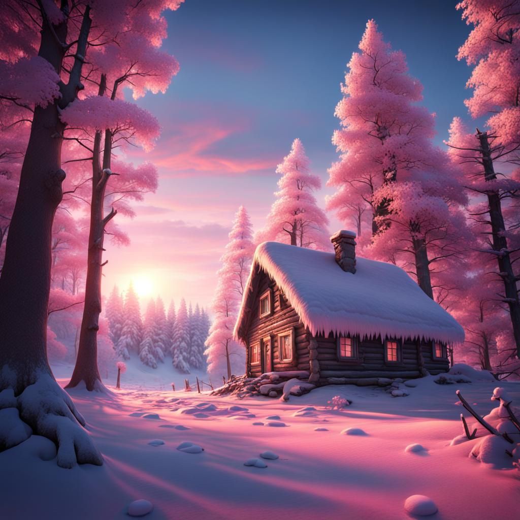 Snowy Landscape with Cabin at Sunset, Detailed Matte Paintin...
