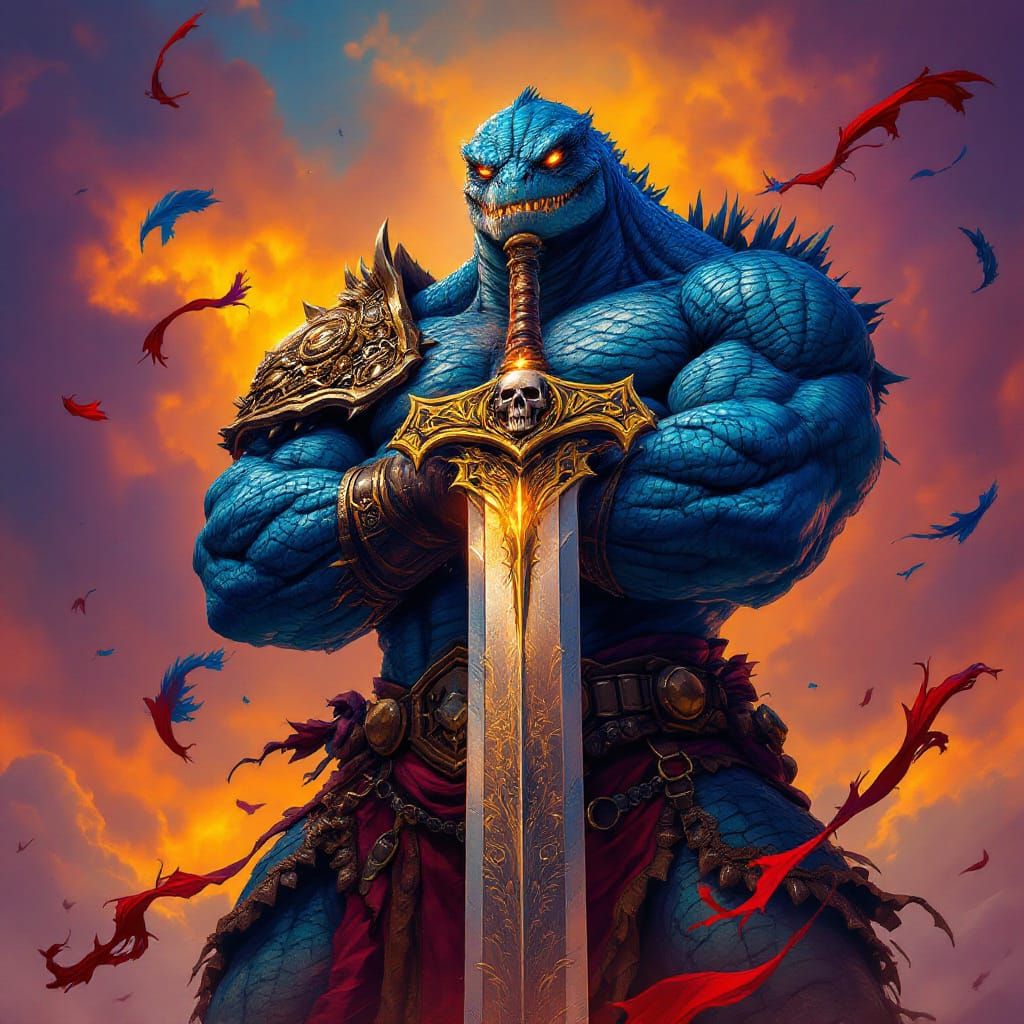 Blue Lizardman Warrior in Gritty Fantasy Style