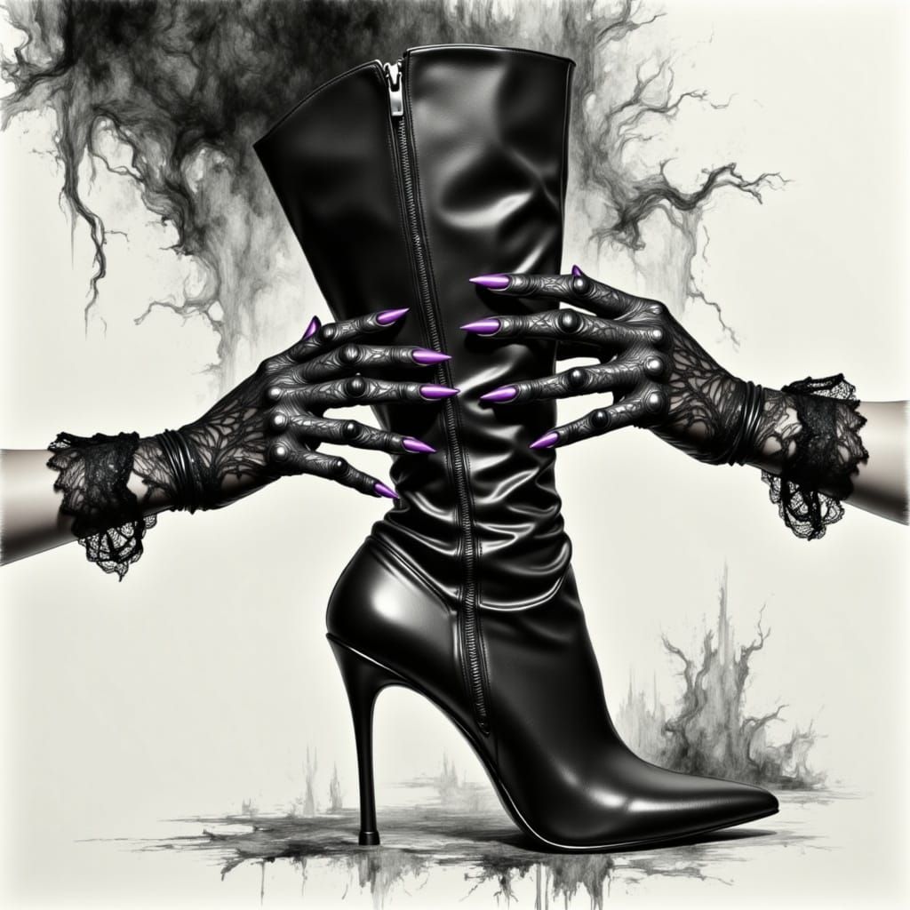 Charcoal Illustration of a Gothic Black Leather Boot