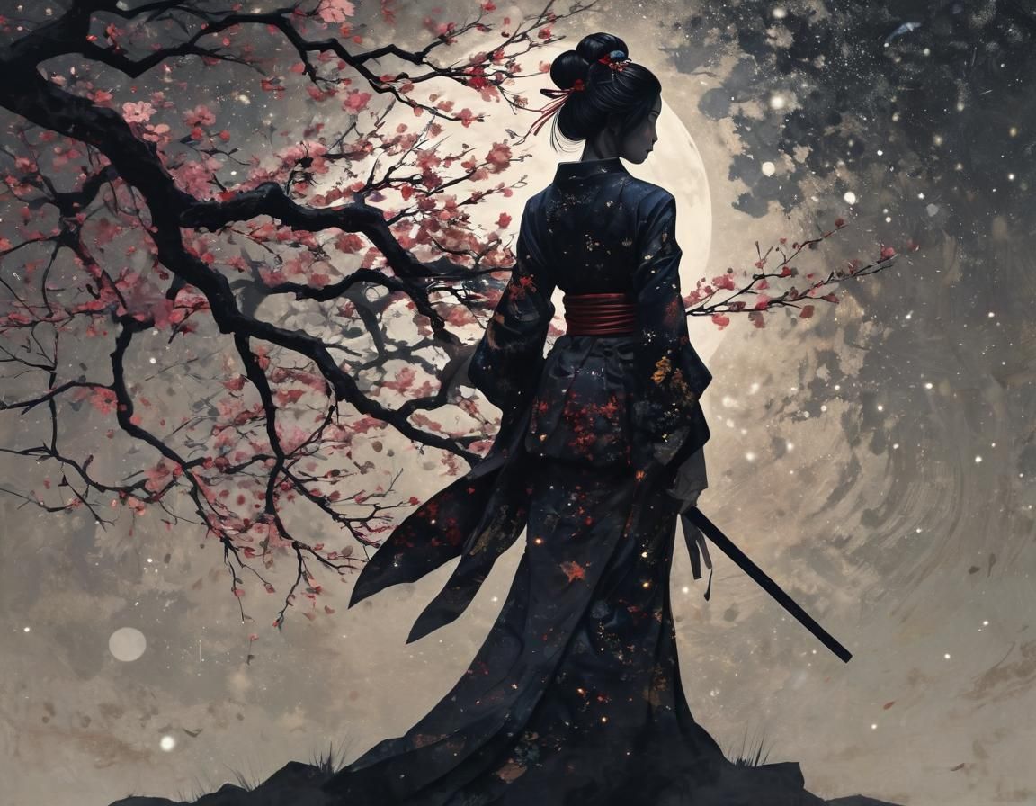 Samurai Geisha Silhouette in Dark Fantasy Style