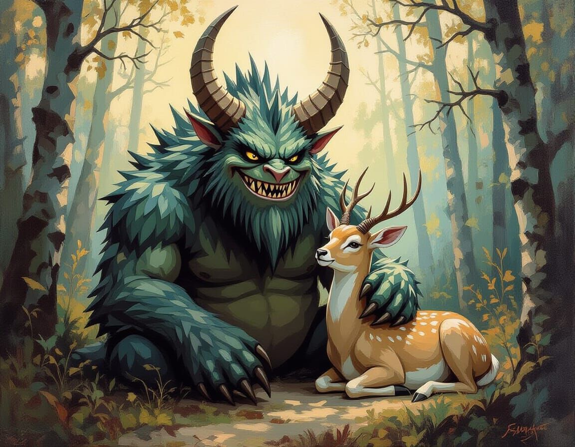 Gentle Monster Petting a Doe, Post-Impressionist Oil Paintin...