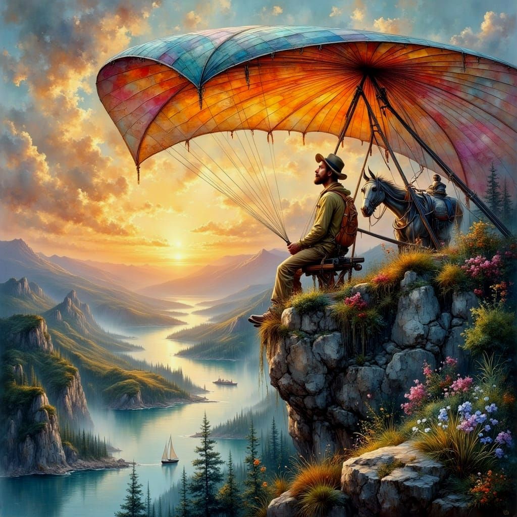 Hang Glider Soaring Over Sunrise Landscape in Impasto Style