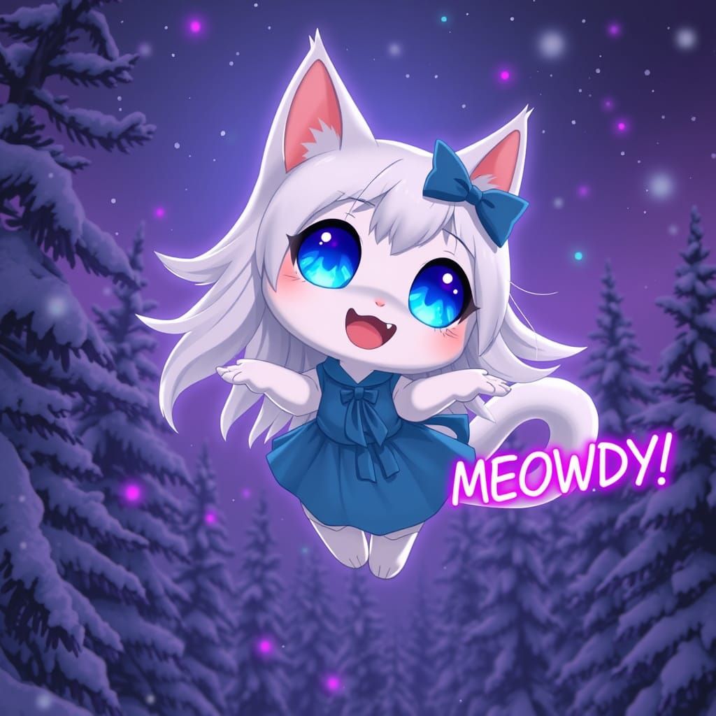 Adorable Anime Catgirl Soars in Synthwave Dreamscape