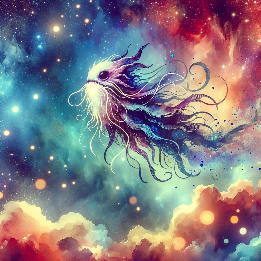 Watercolor Painting of a Floating Spaghettimonster in Space