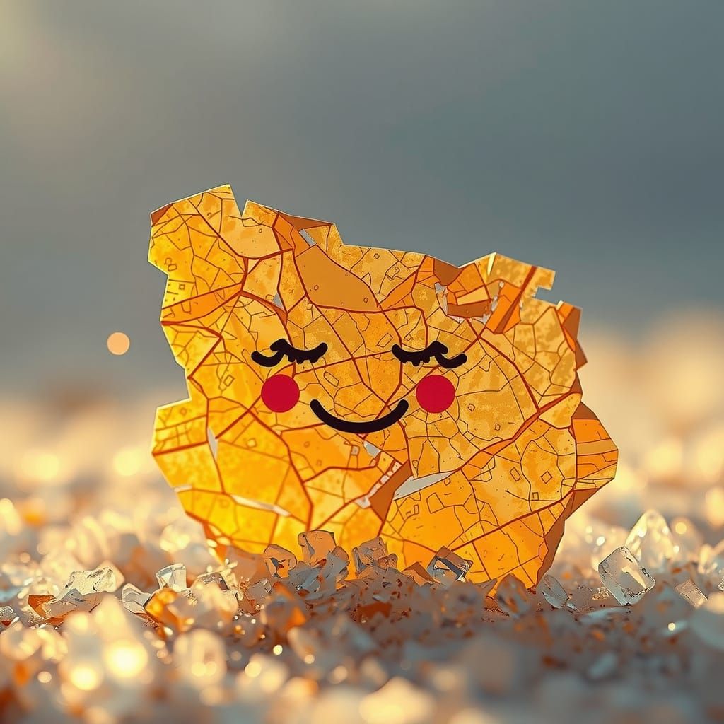 Golden Translucent Paper Face Disintegrating into Ice Crysta...