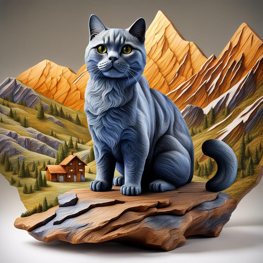 Hand-Carved Wooden Cat in Mountain Landscape