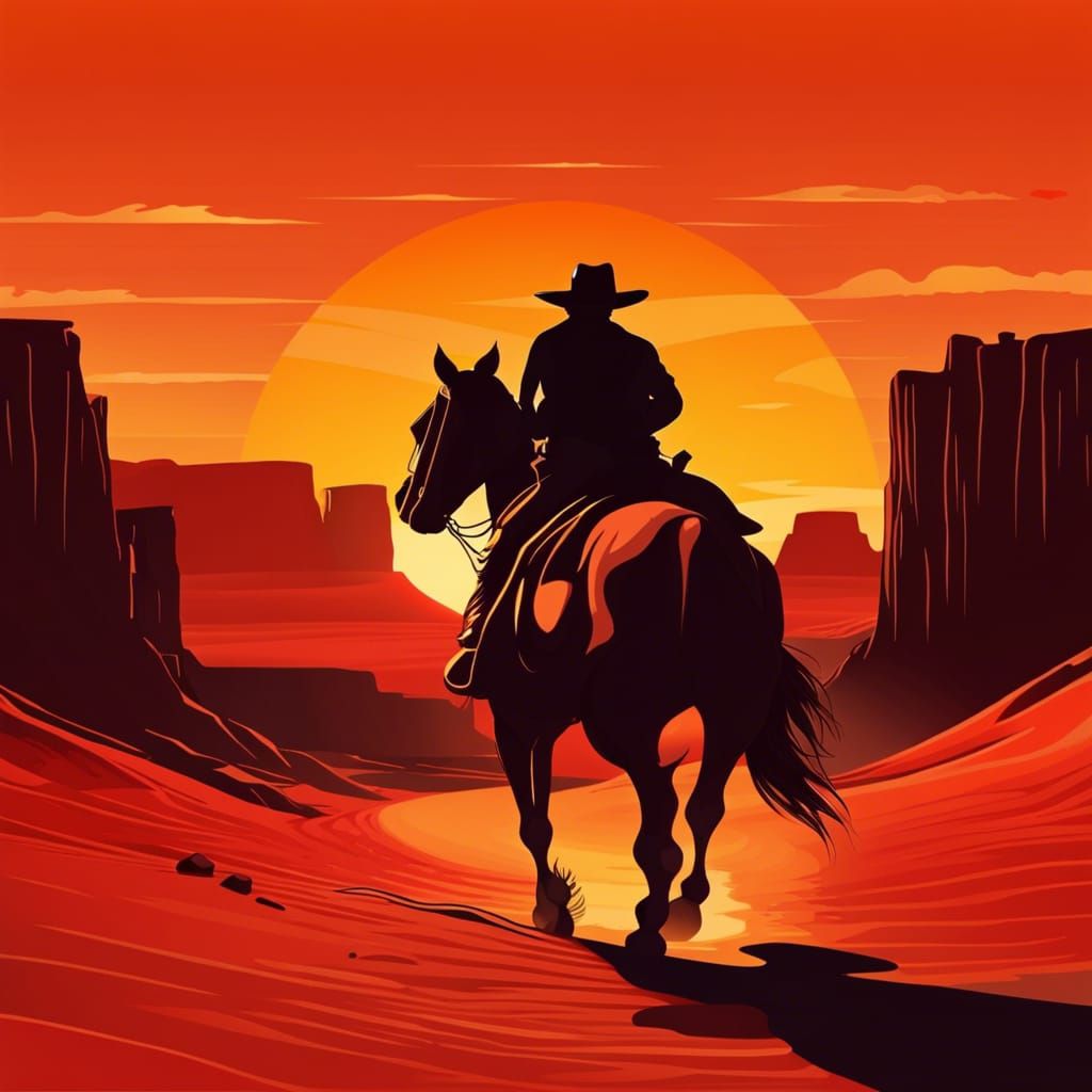 Cowboy Rides into Desert Sunset: Vector Art
