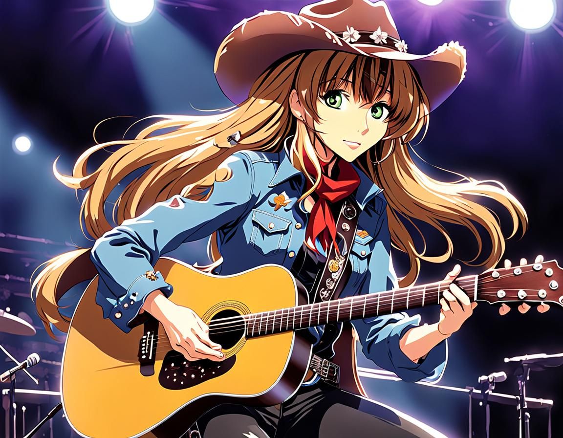 Anime Cowgirl Serenade: Digital Art of Musical West