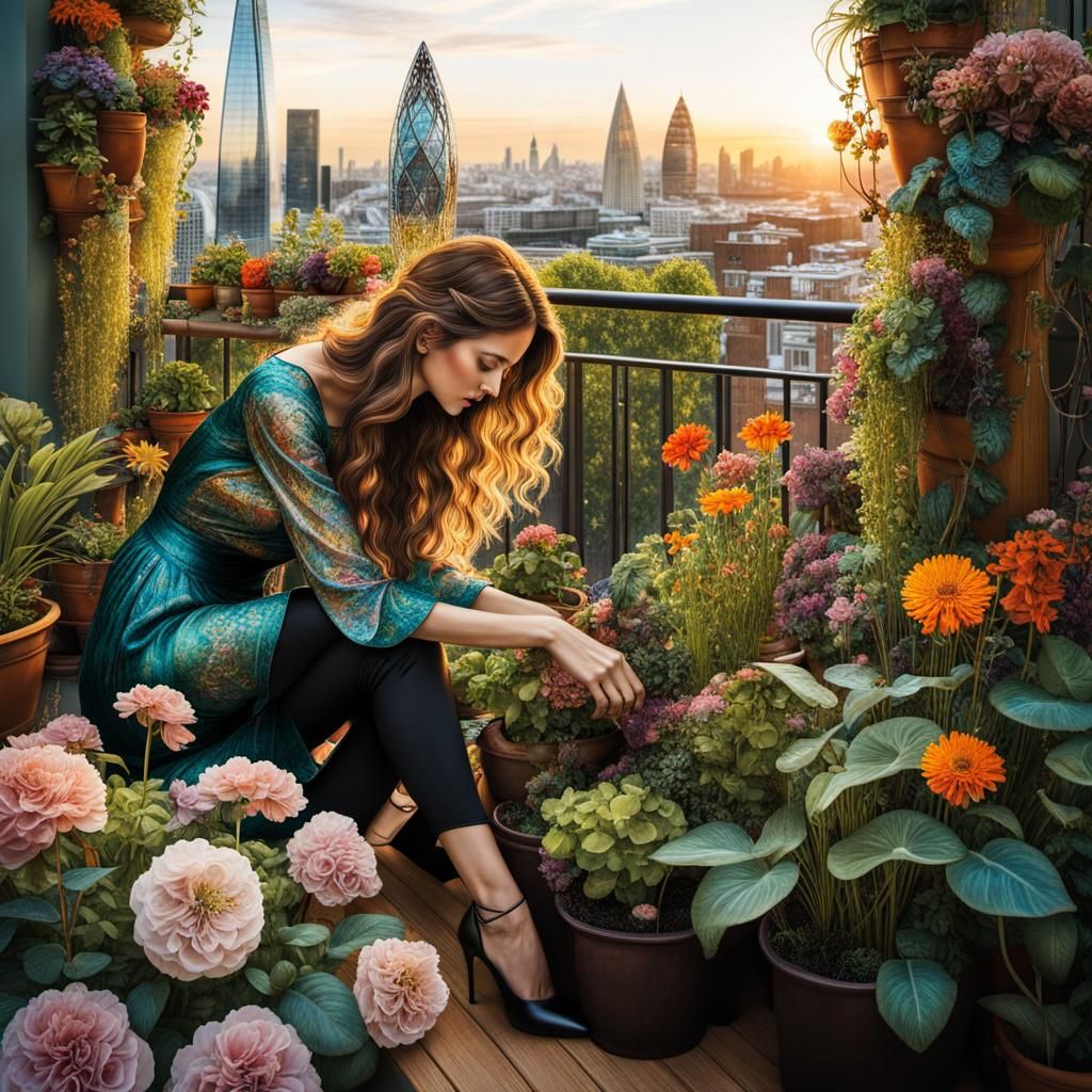City Girl Cultivating Blooms on Her Cozy Balcony in London