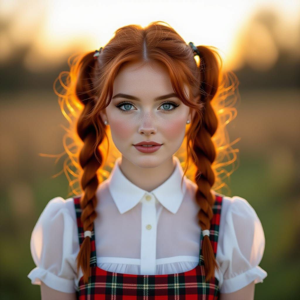 Young Woman in Tartan Skirt with Red Pigtails