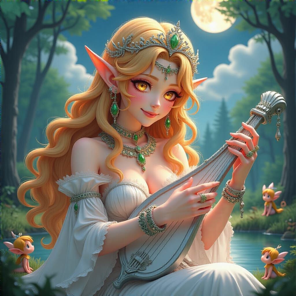 Elf Musician with Pixies in Moonlit Forest