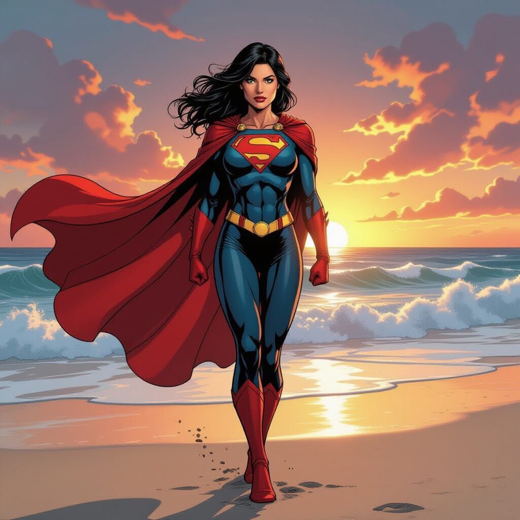 Heroic Woman on Beach in Comic Book Style