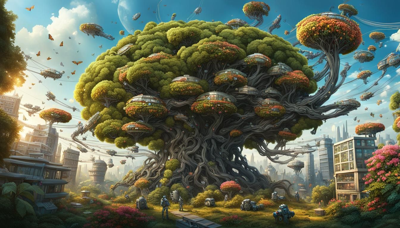 Futuristic Metallic Tree with Robotic Butterflies