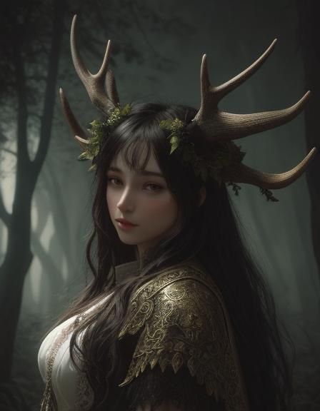 Sprite with Stag Antlers in Enchanted Woods