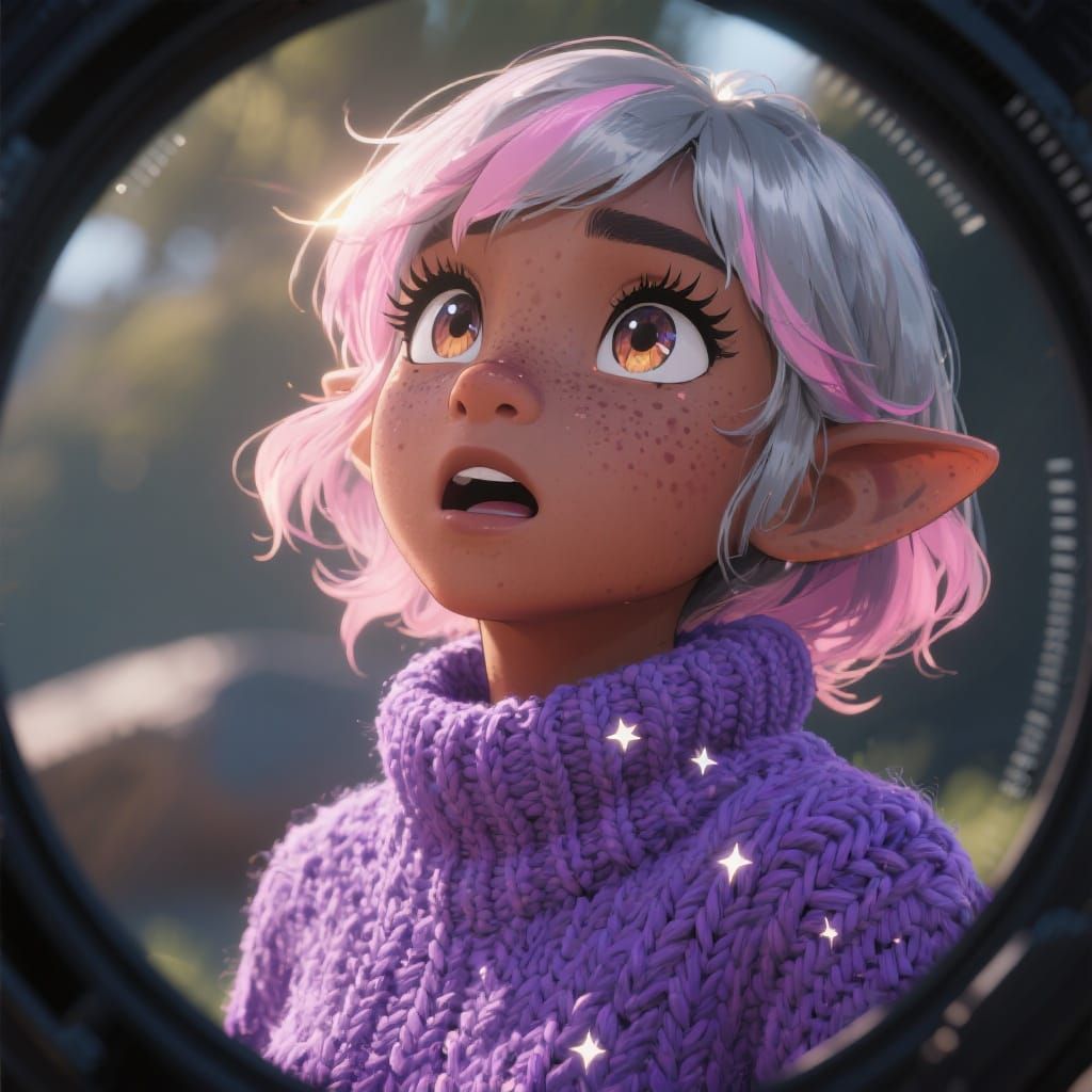 Anime-Style Halfling Woman in Awe, Hyperrealistic CGI